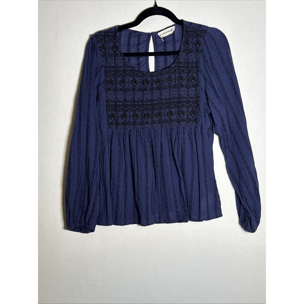 Lucky Brand Womens Blue Embroidered Yoke Peasant Blouse Size S Boho Top